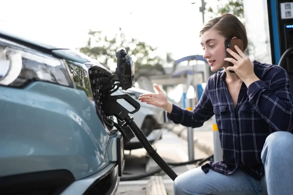 A woman on the phone with a broken electric car that is not charging.