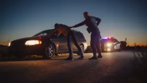 A policer officer arresting a drunk driver.