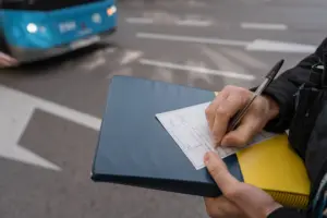 A police officer writing a ticket. 
